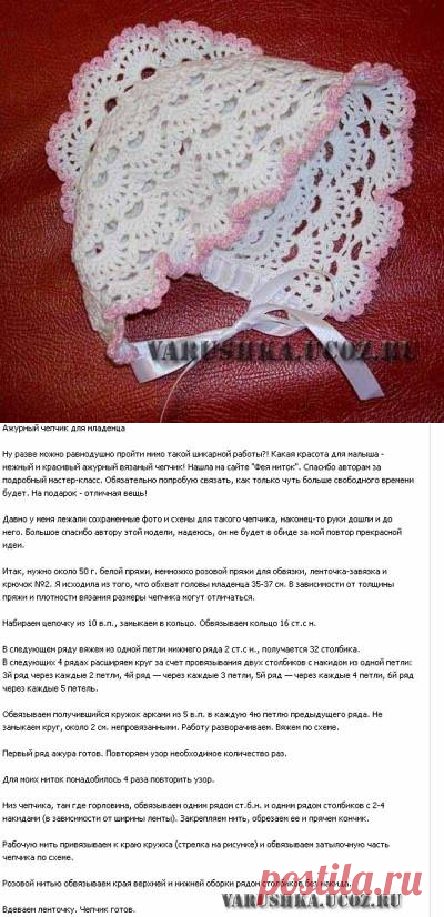 Схема вязания ажурного чепчика - Схемы вязания - Крючок и спицы