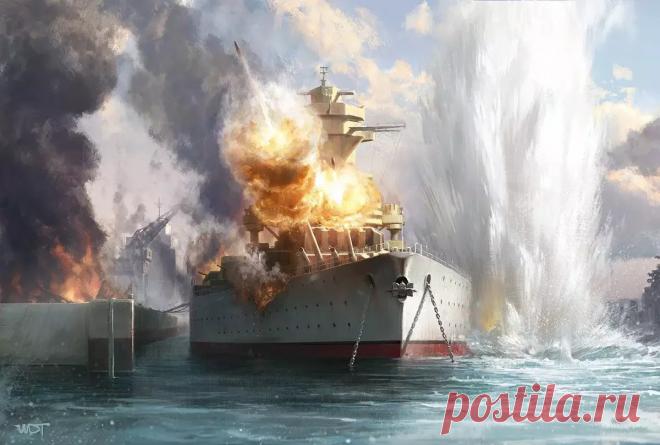 Ахилессова пята линкоров ...Снаряд «Массачусетса» вошел в правильном месте под нужным углом. Пробив верхнюю, главную броневую (150 мм) и нижнюю броневую палубы вместе с настилом первой платформы, стальная «болванка» окончила свой путь в помещении, предназначенном для хранения боезапаса орудий среднего калибра. Взрыв