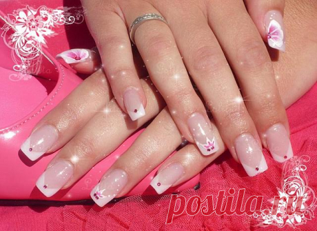 french wedding manicure with little red dots