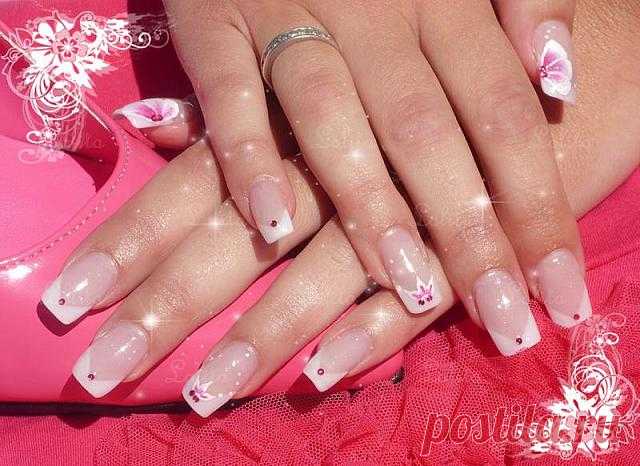 french wedding manicure with little red dots