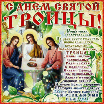 С Троицей! Счастья желаю, здоровья,
Пусть будет в сердце покой и уют,
С верой встречай каждый день и с любовью,
Пусть времена тебя лучшие ждут!