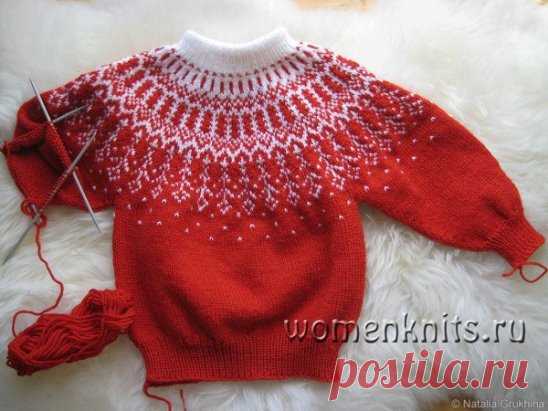 Свитер детский спицами с круглой кокеткой
Описание: http://womanknits.ru/vyazanie-dlya-detej/pulovery-svitera-topy/sviter-detskij-spicami-s-krugloj-koketkoj