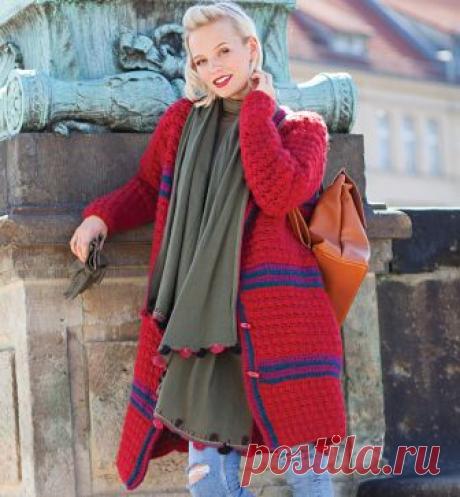 Пальто в полоску с узором из пышных столбиков - схема вязания крючком. Вяжем Пальто на Verena.ru