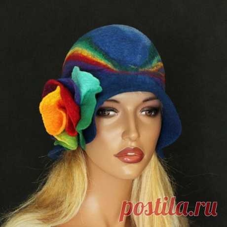Rainbow hat Felted hat blue felt hat multicolor hat decorated merino wool hat…