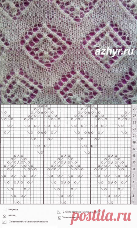 № 52 Ажур спицами - узор с ромбами - схема | Ажур
