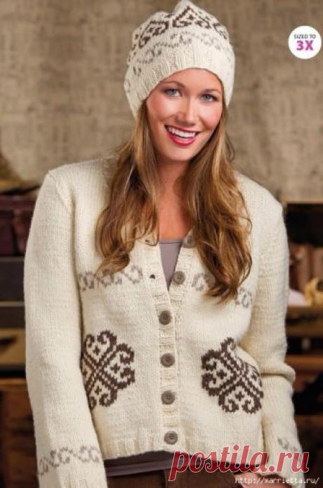 Спицами. Теплый жакет и шапочка с орнаментом