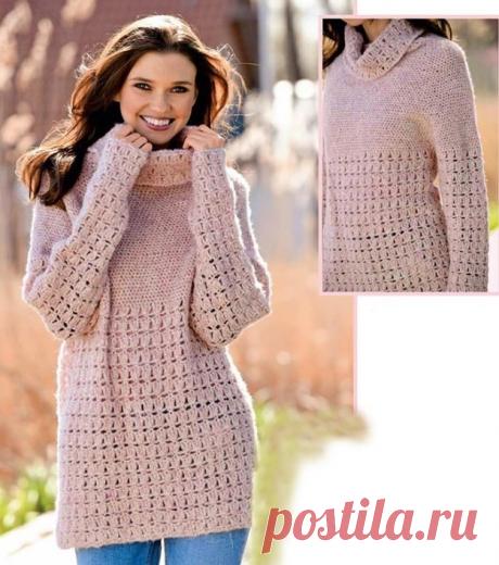 Как связать Розовый пуловер с круглой кокеткой и ажурным воротником