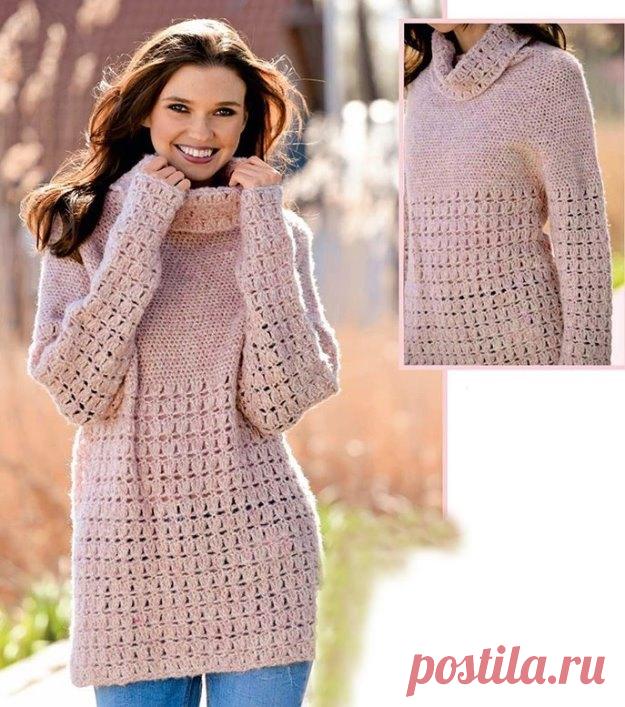 Как связать Розовый пуловер с круглой кокеткой и ажурным воротником
