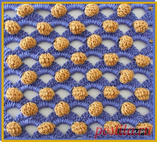 Интересный узор крючком
В продолжение темы пышных столбиков предлагаю Вашему вниманию очень привлекательный двухцветный узор, состоящий из арочек, над которыми примостилась шишечка-пышечка.