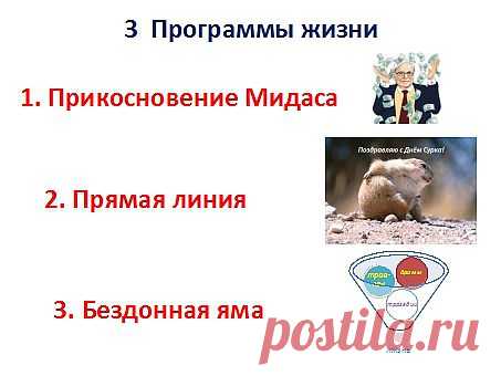 Человек развивается по трём основным циклам жизни. 1) Прикосновение Мидаса-(Мидас - в древнегреческой мифологии сын Гордия, царь Фригии. С именем Мидаса связаны два популярных в античности мифа: о золотом прикосновении) -это люди которые способны развивать компанию с нуля, двигаясь по карьерной лестнице. Они берутся за любое дело и доводят до конца, Таких в жизни мало. 2) Прямая линия-(День сурка)- Каждый день похож на предыдущий, без изменений. Живут по формуле, 5 дней в неделю, в выходные напи