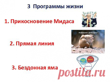 Человек развивается по трём основным циклам жизни. 1) Прикосновение Мидаса-(Мидас - в древнегреческой мифологии сын Гордия, царь Фригии. С именем Мидаса связаны два популярных в античности мифа: о золотом прикосновении) -это люди которые способны развивать компанию с нуля, двигаясь по карьерной лестнице. Они берутся за любое дело и доводят до конца, Таких в жизни мало. 2) Прямая линия-(День сурка)- Каждый день похож на предыдущий, без изменений. Живут по формуле, 5 дней в неделю, в выходные напи