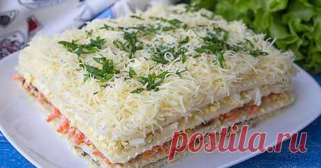 Закусочный торт из вафельных коржей с консервами