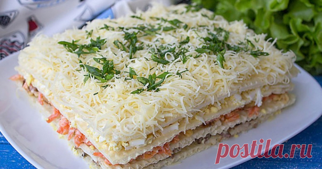 Закусочный торт из вафельных коржей с консервами