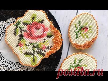 How to decorate Cross Stitch Rose Cookie. 🌹 - YouTube