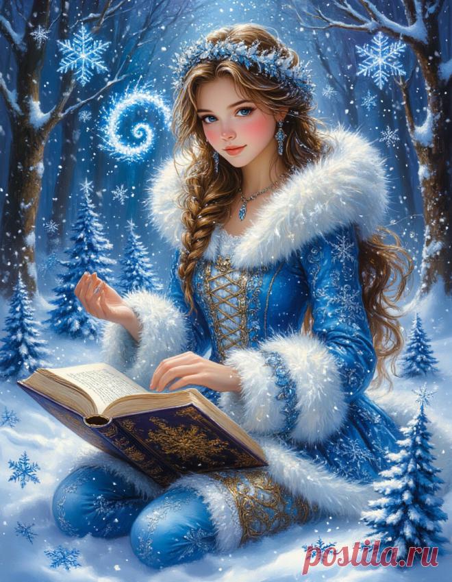 Жозефина Уолл фэнтези нарисованная аниме красивая снегурочка в голубом с белым мехом шубке длинной спереди короче видно сапожки в полный рост, у ног Снегурочки лежит волшебная книга на книге миниатюрные синие ёлки ,на заднем плане вихрь завихрения из снежинок,вся картинка в рамке из звёзд и снежинок,русые волосы, снега и снежинок снежинки летят с руки снегурочки