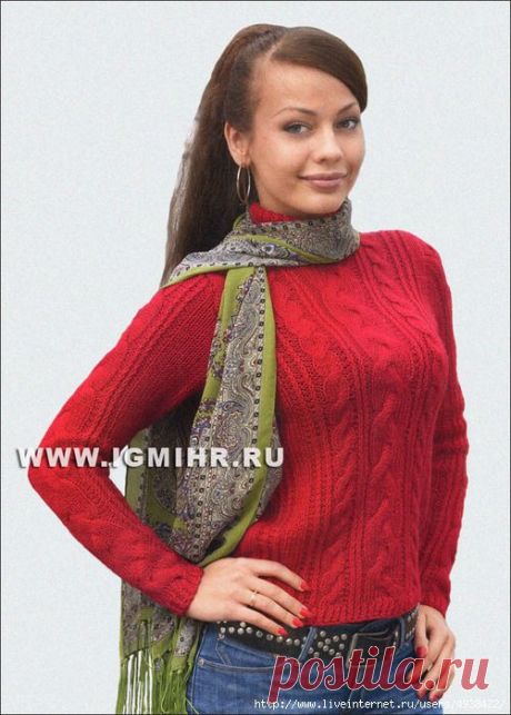 Тепло и комфортно. Красный свитер со жгутами и косами. Спицы.