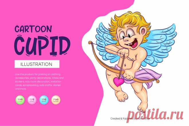 Cute cartoon cupid.
Cute colorful illustration of cartoon Cupid shooting a bow with hearts. Unique design, Valentine's Day, clip-art. Use the product for printing on clothing, accessories, party decorations, labels and stickers, kids room decoration, invitation cards, scrapbooking, kids crafts, diaries and more.
-------------------------------------------
EPS_10, SVG, JPG, PNG file transparent with a resolution of 300 dpi, 15000 X 15000.