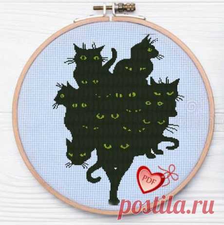 Modern Monochrome Cross Stitch Pattern Black Cats Gang, Funny Cats Cross Stitch, Animals Embroidery Design, Easy Xstitch Pattern Beginners Funny modern easy cross stitch Gang of Black Cats. Very simple embroidery for beginners.  The chart created manually. Worked out even the smallest details of embroidery. No random single stitches. The symbols on the diagram are large and easy to read. A4 PDF pattern to be printed: 1. Picture of