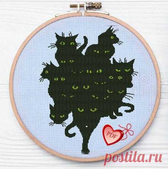 Modern Monochrome Cross Stitch Pattern Black Cats Gang, Funny Cats Cross Stitch, Animals Embroidery Design, Easy Xstitch Pattern Beginners Funny modern easy cross stitch Gang of Black Cats. Very simple embroidery for beginners.  The chart created manually. Worked out even the smallest details of embroidery. No random single stitches. The symbols on the diagram are large and easy to read. A4 PDF pattern to be printed: 1. Picture of