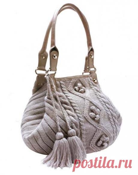 Вязаная сумка спицами с аранским узором и отделкой из кожи | Вязаные сумки. ру