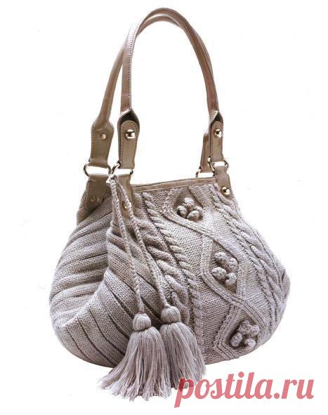 Вязаная сумка спицами с аранским узором и отделкой из кожи | Вязаные сумки. ру