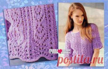 Сиреневый летний пуловер с ажурными узорами