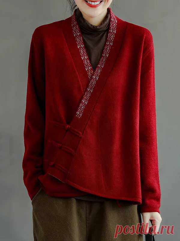 Vintage Embroidered Wool Blend Solid Color Cardigan Top