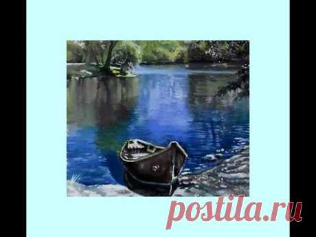 Как нарисовать летний пейзаж с озером и лодкой поэтапно/Как нарисовать красивый пейзаж