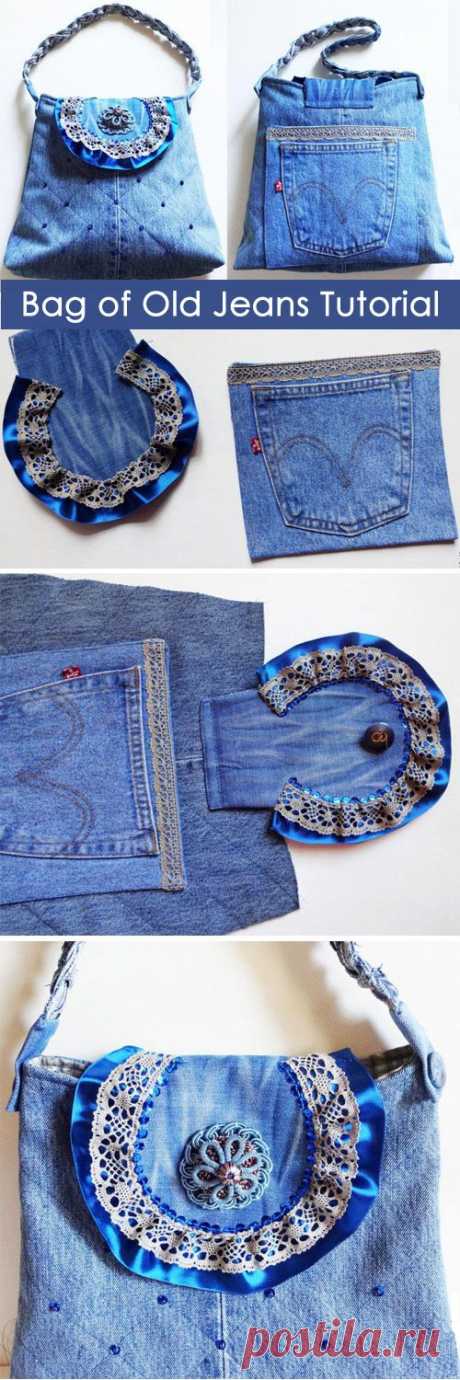 Сумочка из старых джинсов ~ 
Handbag of old jeans with a strap. Pattern bags. DIY tutorial in pictures.
 Сумочка из старых джинсов  https://www.handmadiya.com/2015/09/flap-bag-of-old-jeans-tutorial.html