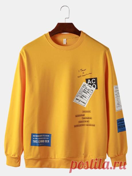 Mens Graphic Tag Print Regular Fit Crew Neck Elastic Hem Pullover Sweatshirts - US$25.99