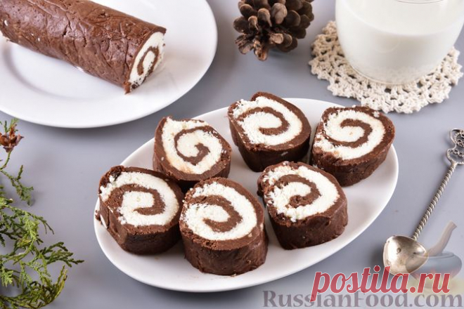 Шоколадный рулет с кокосовой начинкой без выпечки