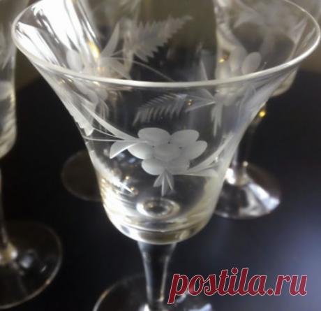 Vintage Rossini Clear Crystal Gray Cut Flowers Leaves Wine Glasses Lot of 6 | eBay