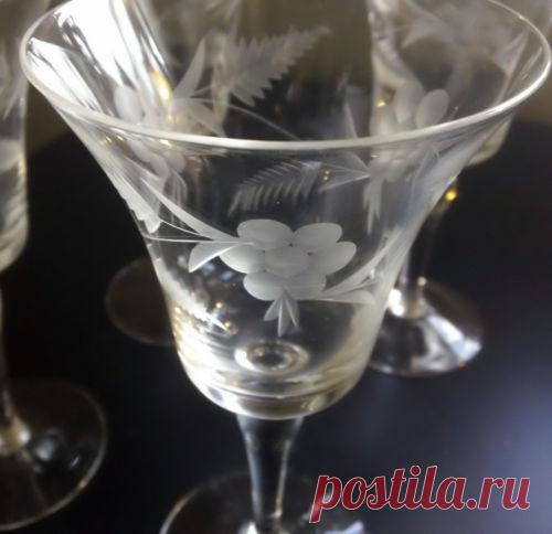 Vintage Rossini Clear Crystal Gray Cut Flowers Leaves Wine Glasses Lot of 6 | eBay