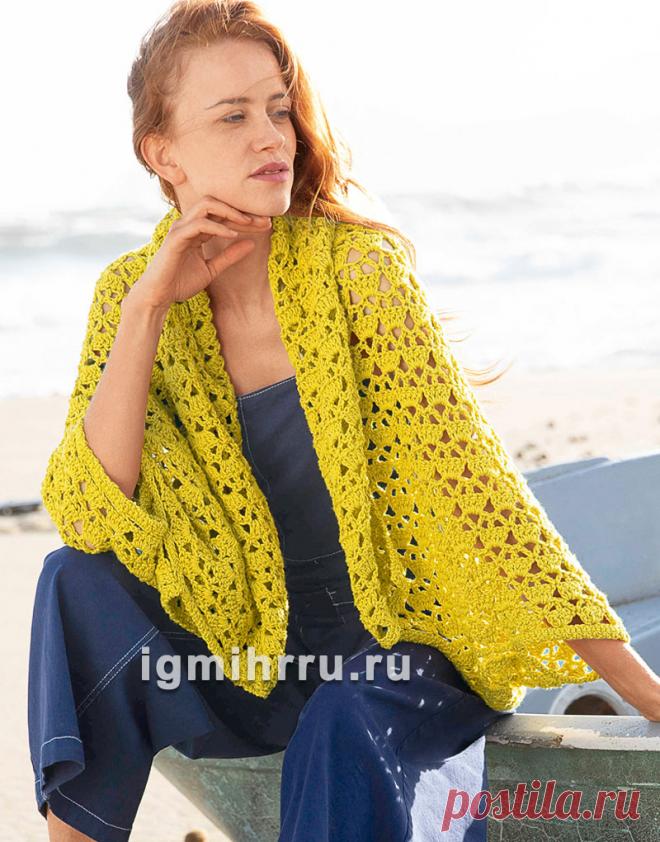 Свободный хлопковый жакет горчично-желтого цвета. Вязание крючком со схемами и описанием