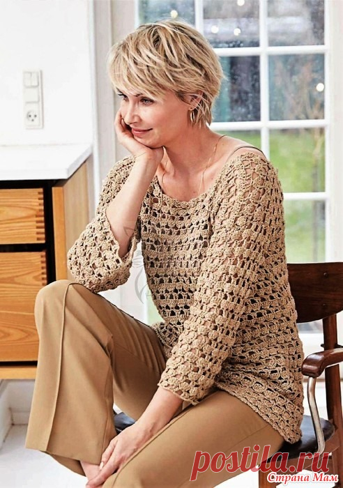 Ажурный удлинённый джемпер с глубоким декольте на спинке. Крючком. / Страна Мам