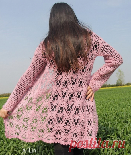 Кардиган с ажурным узором "паучки". Крючком. Схемы. / knittingideas.ru
