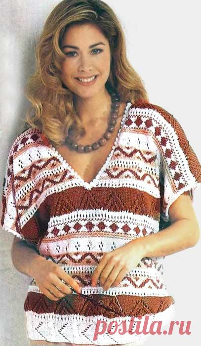 Ажурный вязаный пуловер с жаккардовым узором