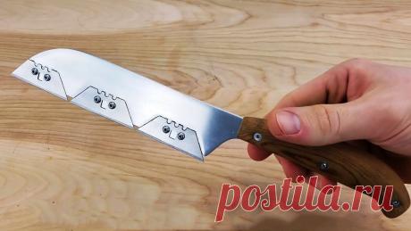 Как сделать легкий бритвенно-острый кухонный нож который не нужно затачивать Для резки мягких томатов, мяса и прочих продуктов лучше использовать очень острый нож. Однако его заточка занимает много времени. Чтобы не заниматься постоянно правкой ножа, можно оснастить его сменными лезвиями, замена которых занимает минуту.Материалы:алюминиевая полоса;трапециевидные сменные