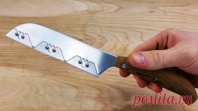 Как сделать легкий бритвенно-острый кухонный нож который не нужно затачивать Для резки мягких томатов, мяса и прочих продуктов лучше использовать очень острый нож. Однако его заточка занимает много времени. Чтобы не заниматься постоянно правкой ножа, можно оснастить его сменными лезвиями, замена которых занимает минуту.Материалы:алюминиевая полоса;трапециевидные сменные