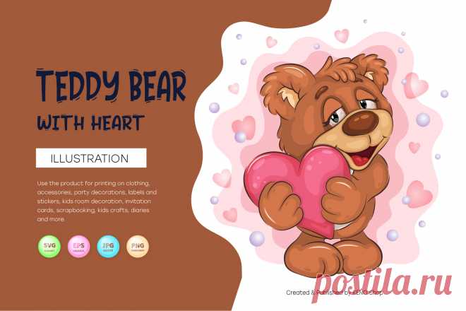 Cute Teddy Bear with Heart. T-Shirt, PNG, SVG.
Cute illustration of Teddy Bear holding a heart in its paws. Clipart for Valentine's Day. Unique design, Children's illustration. Use the product for printing on clothing, accessories, party decorations, labels and stickers, kids room decoration, invitation cards, scrapbooking, kids crafts, diaries and more.
-------------------------------------------
EPS_10, SVG, JPG, PNG file transparent with a resolution of 300 dpi, 15000 X 15000.
