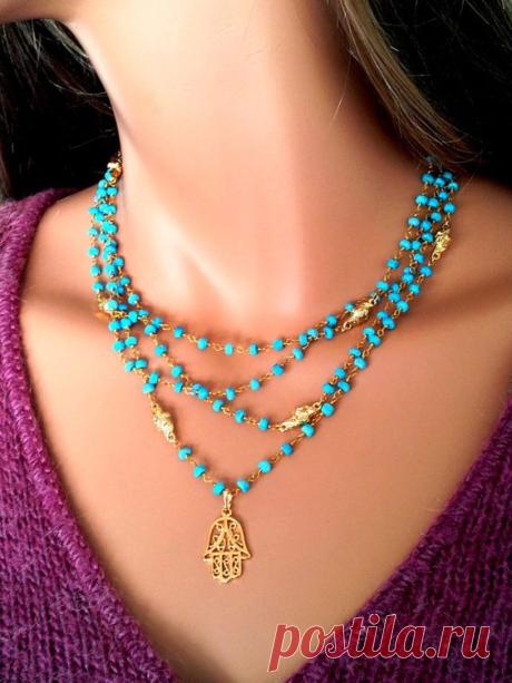 Hamsa Necklace Turquoise Layer Necklace - Gold Hamsa Necklace Real Housewives Rosary Jewish Evil Eye Kabbalah