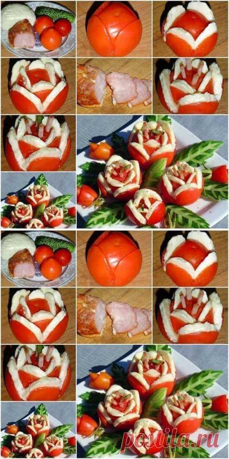 Праздничная закуска «Цветы» из помидоров с ветчиной.