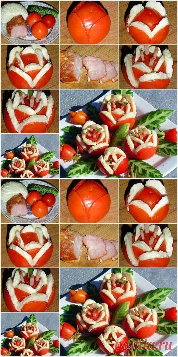 Праздничная закуска «Цветы» из помидоров с ветчиной.