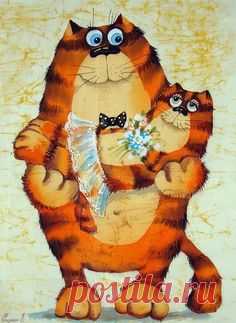 Шелковые коты художницы Елены Разиной :: Коты и кошки - рисунок, графика, живопись