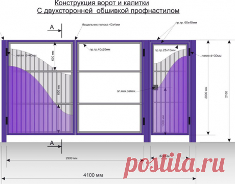 Чертеж и эскизы металлических ворот с калиткой из профнастила