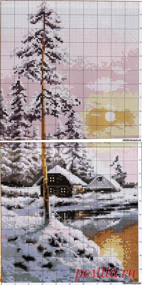 ЗИМНИЙ ВЕЧЕР - ЛЕС - ПЕЙЗАЖ - Каталог файлов - ВЫШИВКА КРЕСТОМ