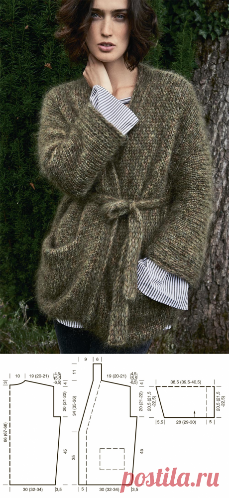 Мохеровый кардиган с поясом — схема вязания спицами с описанием на BurdaStyle.ru