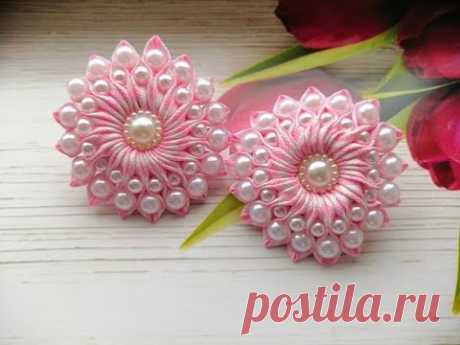 Бантики из репсовых лент с бусинами МК Канзаши / Bows with beads / Fitas de noiva