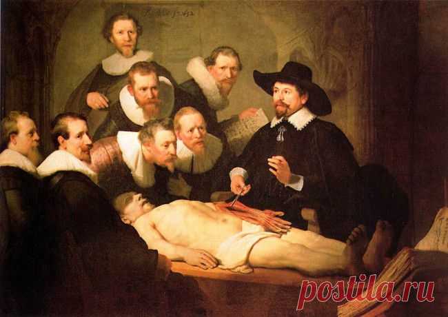 Урок анатомии - Рембрандт. 1632. Это был первый крупный заказ, полученный Рембрандтом после переезда в Амстердам. На полотне (1632) запечатлено вскрытие, проведенное доктором Николасом Тульпом. Выделяющийся простым воротником, широкополой шляпой и ясным, открытым взглядом, Тульп держит щипцами сухожилия руки; другой рукой он показывает, как сухожилия сгибают пальцы — основные инструменты художника и хирурга.