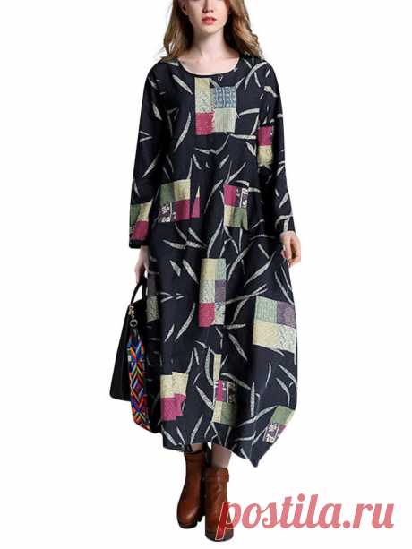 O-Newe Vintage Color Block Printed Long Sleeve Ball Gown Maxi Dress - Newchic Fashion Dress